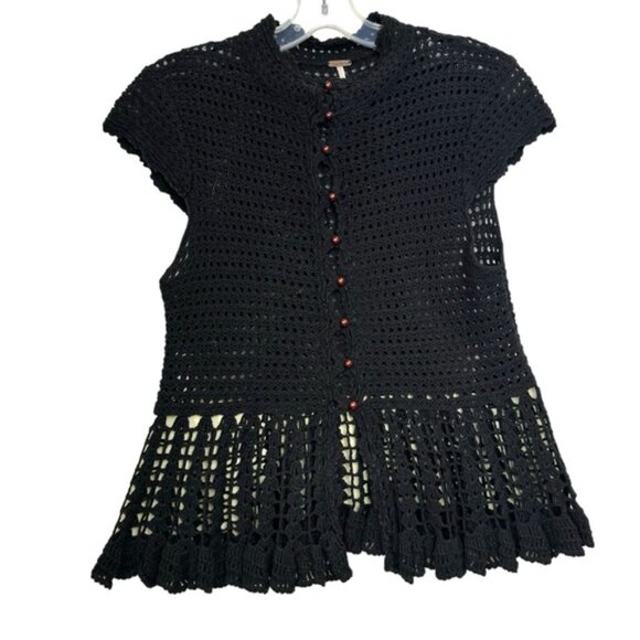 Free People Crochet Boho Cotton Peplum Top Buttons Cardigan Sweater Black M - Picture 1 of 12